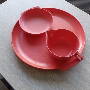 Vintage Aztec melmac plastic dinnerware st louis Coral pink orange set of 3